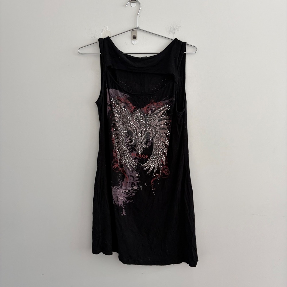Vocal Black Rhinestone Wing Graphic Cut Out Tank Top Y2K Grunge Womens Large